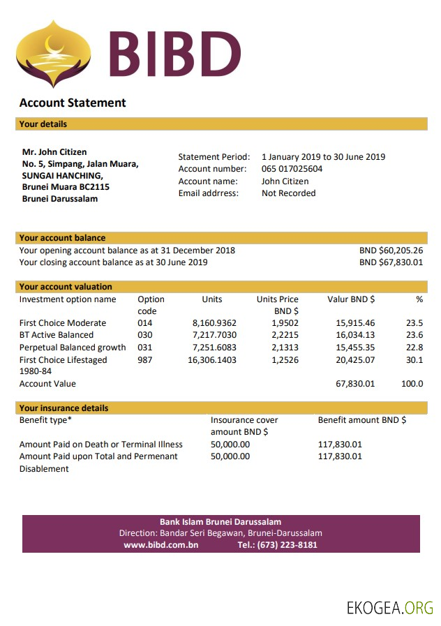 Modèle de relevé bancaire de Brunei Bank Islam Brunei Darussalam au format Word et PDF
